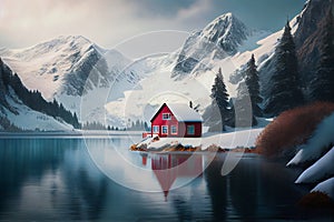 Small isolated Red house on lake with snow mountain side, Generative AI illustration