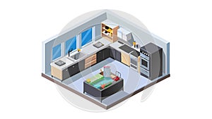 Small Isometric Kitchen with Dining Table and Chairs, vector design Generative AI