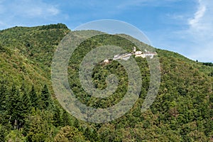 Small Italian medieval village built on the side of a mountain