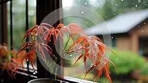 small Japanese maple tree with red leaves in a pot on the windowsill.