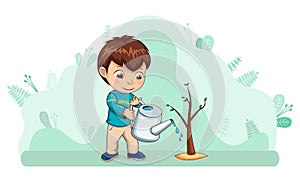Small Kid Boy Caring for Nature Watering Plant
