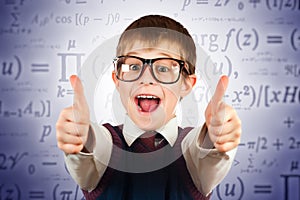 Small kid in glasses on the formulas background