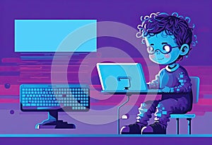 Small kid Hacker Programmer on a computer for, children coding class Banner, Poster.