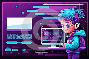 Small kid Hacker Programmer on a computer for, children coding class Banner, Poster.