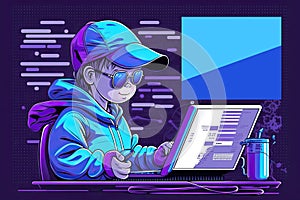 Small kid Hacker Programmer on a computer for, children coding class Banner, Poster,.