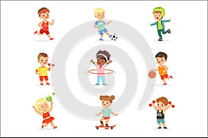 Small Kids Playing Sportive Games And Enjoying Different Sports Exercises Outdoors And In Gym Set Of Cartoon