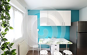 Small kitchen with blue colored wall