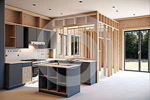 Small kitchen under construction in a new house, Generative AI