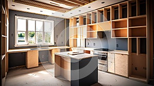 Small kitchen under construction in a new house. Generative AI