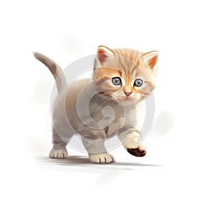 a small kitten with blue eyes is running on a white background with a shadow of its head on the ground and its paw on the ground