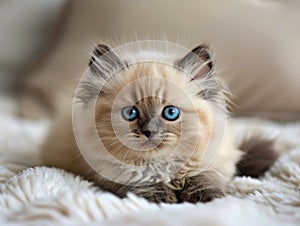 A small kitten with blue eyes sitting on a blanket photo