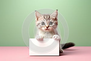 small kitten holding up a blank sign against a green background. domestic pets and creative marketing. very cute and inn