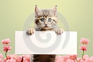 small kitten holding up a blank sign against a green background. domestic pets and creative marketing. very cute and inn