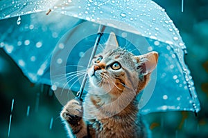 Small kitten looks up at blue umbrella in the rain. Generative AI