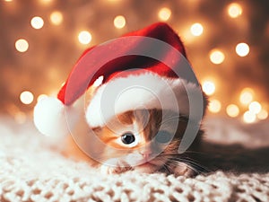 Small kitten in a New Year's cap lies against the background of lights from a garland