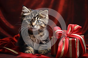 A small kitten with a red gift on a red background. Gifts as a day symbol of present and