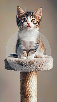 A small kitten sitting on top of a scratching post