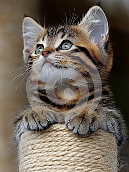 A small kitten sitting on top of a scratching post