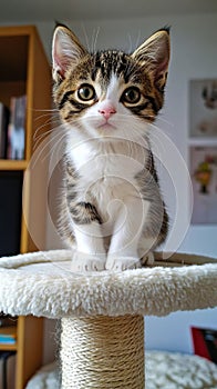 A small kitten sitting on top of a scratching post