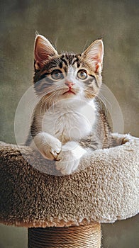 A small kitten sitting on top of a scratching post