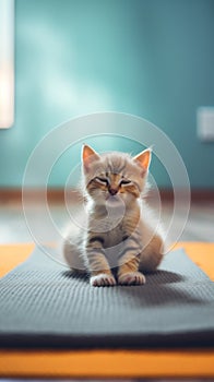 A small kitten is sitting on a yoga mat. Generative AI image.