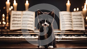 A small kitten with a sleek black coat, gracefully sitting near the ivory keys of a grand piano,