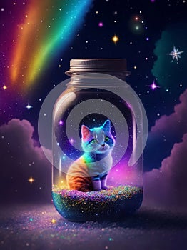 Small kitty in a dream magical jar, Generative AI Illustration