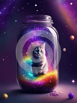 Small kitty in a dream magical jar, Generative AI Illustration