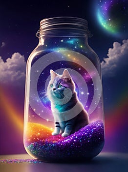 Small kitty in a dream magical jar, Generative AI Illustration