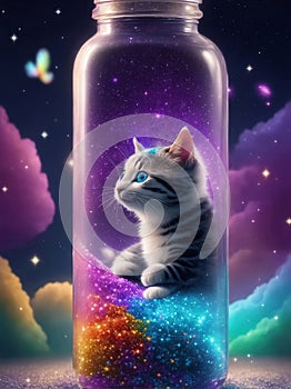 Small kitty in a dream magical jar, Generative AI Illustration