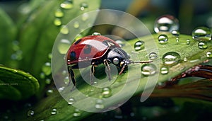 Small ladybug on green leaf, dew drop reflects nature beauty generated by AI