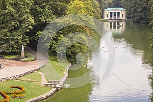 Small lake in background main gate to Sofiyivsky park - Uman, Uk