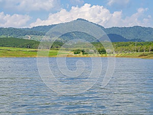 Small lake with beautiful nature blue sky, white clouds and mountains background