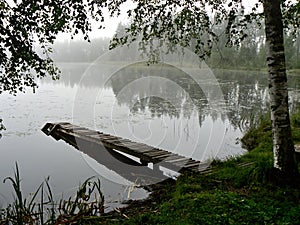A small lake with a boardwalk and a birch tree. In the background is a forest with a reflection in the water.