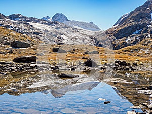 Small lake near Etendard refuge on the way to Saint Sorlin glacier, France photo