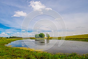 Small lake / pond with sorrounding fields and meadows in summer weather