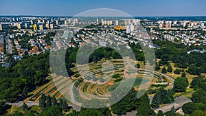 Small lake and rosarium in Cytadela park from above, Poznan, Poland