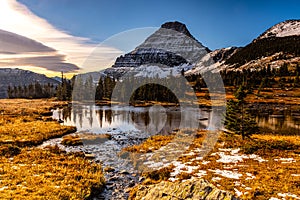 Small Lakes and Snow Capped Reynolds Mountain With Fall Color photo