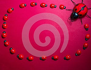 Small and large toy ladybirds on a red background ,copy space