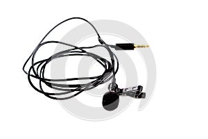Small lavalier microphone or lapel mic with clip on white background