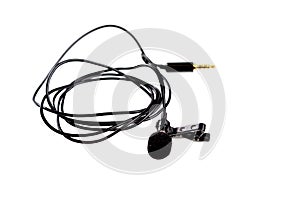 Small lavalier microphone or lapel mic with clip on white background photo