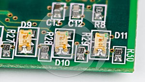 Small light-emitting diodes on printed circuit board. Surface-mount technology