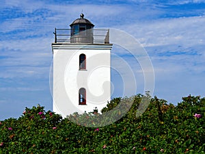 Small lighthouse on the coast Baagoe BÃ¥gÃ¸ Island Funen Denmark