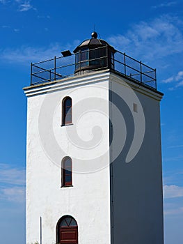 Small lighthouse on the coast Baagoe BÃ¥gÃ¸ Island Funen Denmark