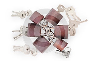 Small linked padlocks with keys isolated with clipping path