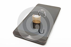 Small lock in unlocked position over smartphone. Mobile phone security and data protection concept