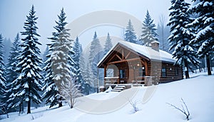 Small Log Cabin Among Snowy Pine Trees In Misty Winter Landscape