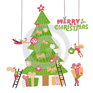 Small male and female people character decorated big Christmas tree. Vector modern flat illustration in scandinavian style