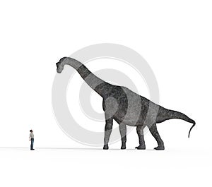 Small man face to face with big brachiosaurus dinosaurs