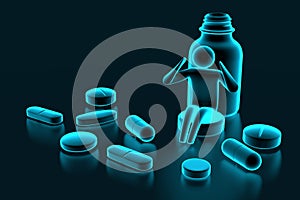 Small man sitting on pill. Drugs and Pills. 3d rendering